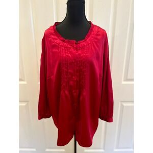 Jaclyn Smith Womens XL Magenta Red Satin Pintuck Pleated 3/4 Sleeve Blouse Top
